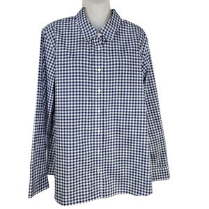 Lands End Shirt Womens 16 No Iron Supima Houndstooth Blue Button Long Sleeve